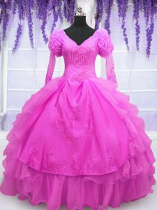 Stunning Hot Pink Ball Gowns Organza V-neck Long Sleeves Beading and Embroidery and Hand Made Flower Floor Length Lace Up Quinceanera Gowns