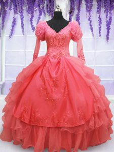 Coral Red Organza Lace Up 15th Birthday Dress Long Sleeves Floor Length Beading and Embroidery