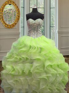 Glorious Floor Length Lace Up Ball Gown Prom Dress Yellow Green for Military Ball and Sweet 16 and Quinceanera with Beading and Ruffles