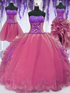 Four Piece Pink Ball Gowns Embroidery and Ruffles Sweet 16 Dresses Lace Up Organza Sleeveless Floor Length