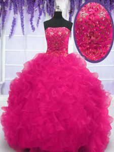 Fuchsia Sleeveless Organza Brush Train Lace Up Quinceanera Gowns for Military Ball and Sweet 16 and Quinceanera