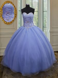 Elegant Sleeveless Organza Floor Length Lace Up Party Dress for Girls in Lavender with Beading