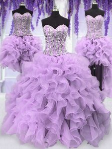 Unique Four Piece Sequins Lavender Sleeveless Organza Lace Up 15th Birthday Dress for Military Ball and Sweet 16 and Quinceanera