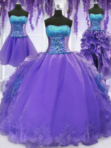 Glorious Four Piece Ball Gowns Quinceanera Gown Lavender Strapless Organza Sleeveless Floor Length Lace Up
