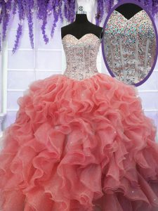Perfect Sequins Ball Gowns Sweet 16 Quinceanera Dress Coral Red Sweetheart Organza Sleeveless Floor Length Lace Up