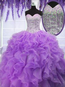 Sleeveless Organza Floor Length Lace Up Sweet 16 Dress in Lavender with Ruffles and Sequins