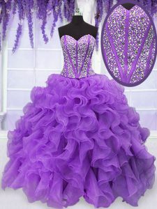 Purple Ball Gowns Beading and Ruffles Quince Ball Gowns Lace Up Organza Sleeveless Floor Length