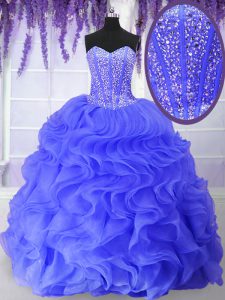 Cute Blue Sleeveless Organza Lace Up Ball Gown Prom Dress for Military Ball and Sweet 16 and Quinceanera