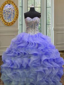 Admirable Lavender Sleeveless Floor Length Beading and Ruffles Lace Up Vestidos de Quinceanera