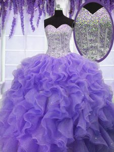Glorious Sequins Sweetheart Sleeveless Lace Up Quinceanera Gowns Lavender Organza