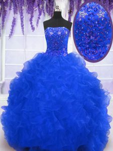 Vintage Royal Blue Organza Lace Up 15th Birthday Dress Sleeveless With Brush Train Beading and Ruffles