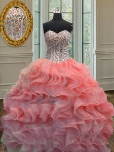 New Arrival Sweetheart Sleeveless Organza Ball Gown Prom Dress Beading and Ruffles Lace Up