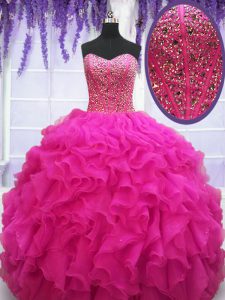 Best Fuchsia Sweetheart Lace Up Beading and Ruffles Quinceanera Gowns Sleeveless