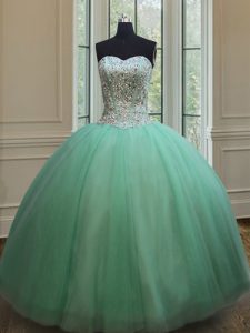 Romantic Floor Length Apple Green Sweet 16 Dress Tulle Sleeveless Beading