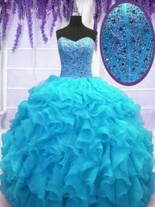 Decent Baby Blue Lace Up Sweetheart Beading and Ruffles Quinceanera Gown Organza Sleeveless