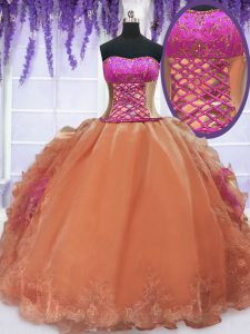 Orange Sleeveless Floor Length Embroidery and Ruffles Lace Up Quince Ball Gowns