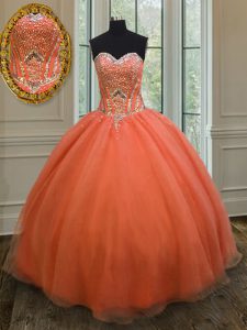 Suitable Sequins Floor Length Orange Red 15 Quinceanera Dress Sweetheart Sleeveless Lace Up