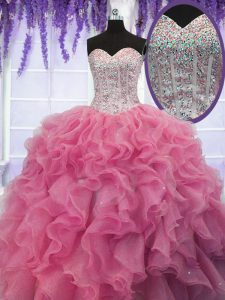 Free and Easy Rose Pink Sleeveless Floor Length Ruffles and Sequins Lace Up Sweet 16 Dresses