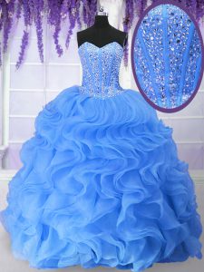 Popular Blue Lace Up Sweetheart Ruffles and Sequins 15th Birthday Dress Organza Sleeveless