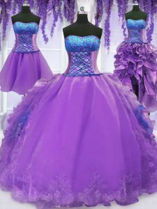 Stylish Four Piece Organza Sleeveless Floor Length Quinceanera Dresses and Embroidery and Ruffles