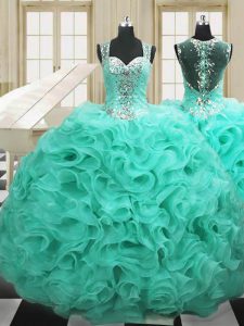 Apple Green Quinceanera Gown Military Ball and Sweet 16 and Quinceanera and For with Beading and Ruffles Straps Sleeveless Lace Up