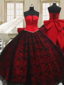 Custom Fit Red Lace Up Strapless Beading and Bowknot Quinceanera Dress Organza Sleeveless