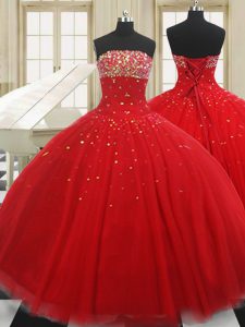 Red Strapless Neckline Beading Sweet 16 Quinceanera Dress Sleeveless Lace Up