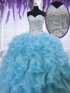 Edgy Baby Blue Sweetheart Lace Up Ruffles and Sequins 15 Quinceanera Dress Sleeveless