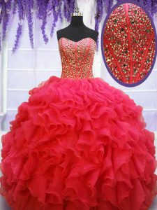 Coral Red Organza Lace Up Sweet 16 Quinceanera Dress Sleeveless Floor Length Beading and Ruffles
