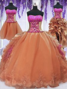 Four Piece Orange Lace Up Strapless Embroidery and Ruffles Sweet 16 Dresses Organza Sleeveless