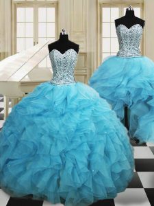 Sexy Three Piece Sweetheart Sleeveless Organza Quinceanera Gowns Beading and Ruffles Lace Up