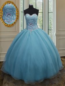 Charming Beading Sweet 16 Dress Baby Blue Lace Up Sleeveless Floor Length