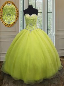 Yellow Green Sleeveless Organza Lace Up Quince Ball Gowns for Military Ball and Sweet 16 and Quinceanera