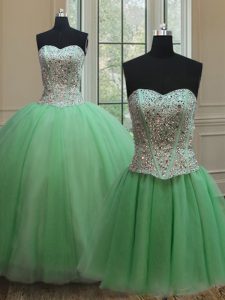 Edgy Three Piece Sleeveless Tulle Floor Length Lace Up Quinceanera Gowns in with Beading