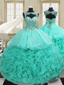 Pretty Apple Green Ball Gowns Scoop Sleeveless Organza Court Train Lace Up Beading and Ruffles Quinceanera Dresses