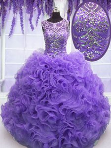 Dynamic Scoop Lavender Organza Lace Up Quinceanera Dresses Sleeveless Floor Length Beading and Ruffles