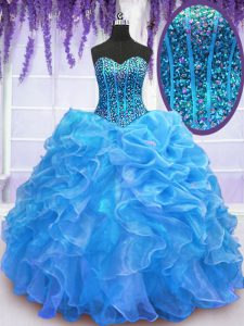 Sexy Floor Length Lace Up Sweet 16 Dress Blue for Military Ball and Sweet 16 and Quinceanera with Beading and Ruffles