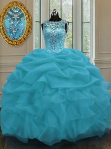 Scoop Beading and Pick Ups Quinceanera Dresses Baby Blue Lace Up Sleeveless Floor Length