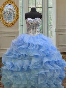 Blue Ball Gowns Sweetheart Sleeveless Organza Floor Length Lace Up Beading and Ruffles Quinceanera Gowns