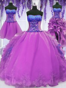 Sumptuous Four Piece Sleeveless Organza Floor Length Lace Up Sweet 16 Quinceanera Dress in Purple with Embroidery and Ruffles