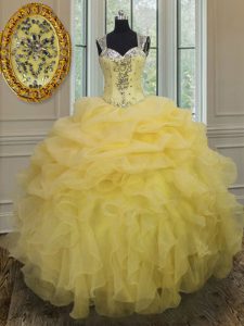 On Sale Straps Floor Length Zipper Vestidos de Quinceanera Light Yellow for Military Ball and Sweet 16 and Quinceanera with Beading and Ruffles