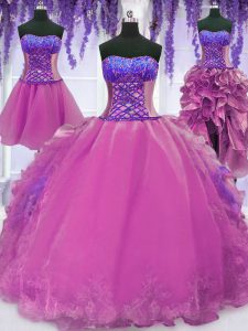 Edgy Four Piece Lilac Lace Up Sweet 16 Quinceanera Dress Appliques and Embroidery Sleeveless Floor Length