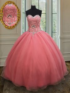 Elegant Watermelon Red Sleeveless Organza Lace Up Quinceanera Dress for Military Ball and Sweet 16 and Quinceanera