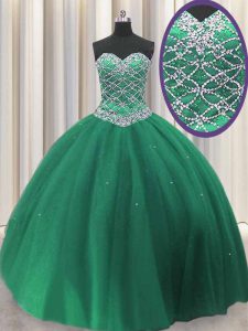 Low Price Sleeveless Floor Length Beading and Sequins Lace Up 15 Quinceanera Dress with Dark Green