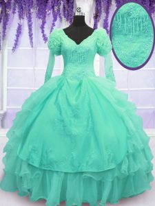 Edgy Turquoise V-neck Neckline Beading and Embroidery and Hand Made Flower Quinceanera Gown Long Sleeves Lace Up