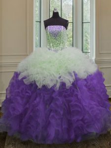 Attractive White And Purple Vestidos de Quinceanera Military Ball and Sweet 16 and Quinceanera and For with Beading and Ruffles Strapless Sleeveless Lace Up