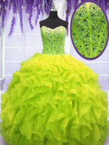 Yellow Green Ball Gowns Sweetheart Sleeveless Organza Floor Length Lace Up Beading and Ruffles Dama Dress for Quinceanera