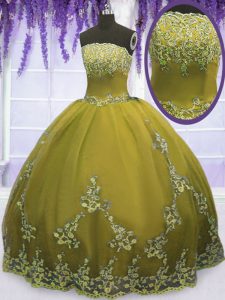 Olive Green Quinceanera Dresses Military Ball and Sweet 16 and Quinceanera and For with Appliques Strapless Sleeveless Zipper