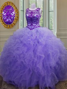 Tulle Bateau Sleeveless Lace Up Beading and Ruffles Vestidos de Quinceanera in Lavender