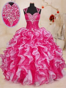 Ideal White And Red Ball Gowns Beading and Ruffles Quinceanera Gowns Lace Up Organza Sleeveless Floor Length